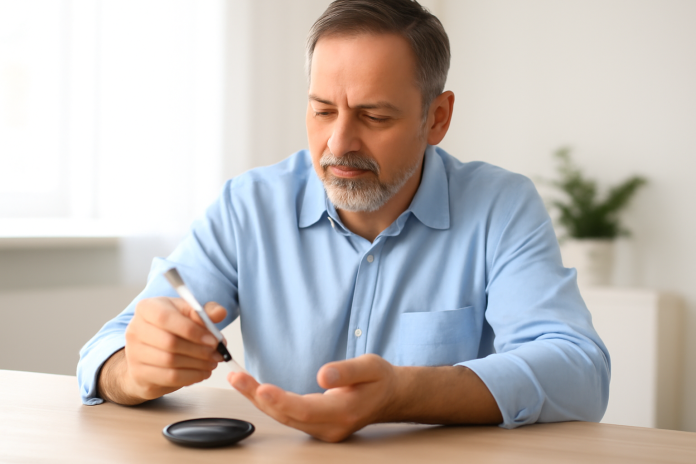 Controlul diabetului zaharat tip 2 – echilibru între alimentație, exercițiu și monitorizare medicală Ilustrație medicală despre diabetul zaharat tip 2 – o persoană adultă menține un stil de viață sănătos prin alimentație echilibrată, activitate fizică și monitorizarea glicemiei.